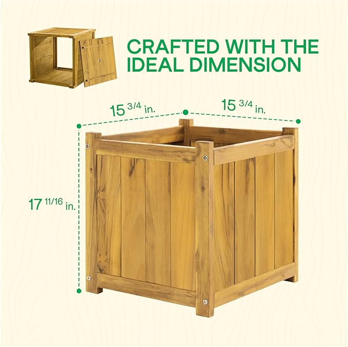IDZO Acacia Wood Flower Planter Box for Outdoor Plants, 1pc Wooden Raised Garden Bed with Handles, Drainage Holes, Ideal for Garden and Home Décor, Golden Teak