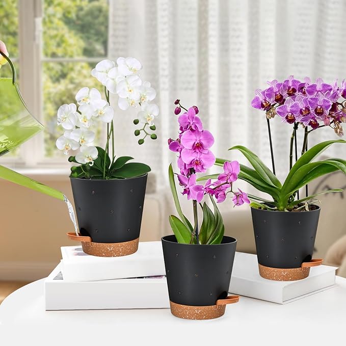 Orchid Pots with Holes, 6 Inch Self Watering Orchid Pot 2 Pack Plastic Plant Pots for Orchid, Flower (Black+Brown)