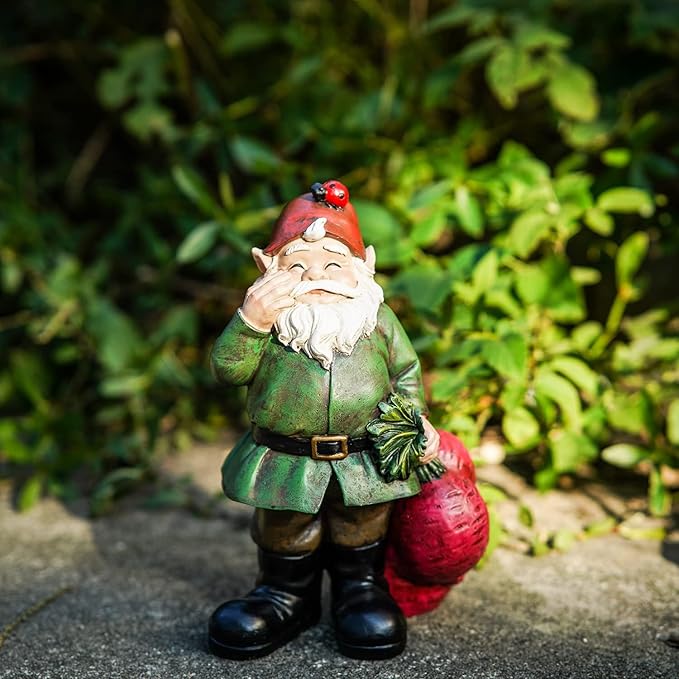 Topadorn Gnomes Figurine Resin Sculpture Garden Gnome Drag a Brunch of Radishes Statue with a Ladybug for Outdoor Garden Decor, Radish Harvest 10 Inch
