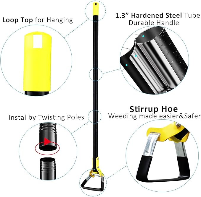 DonSail Hoe Garden Tool -Scuffle Garden Hula Hoes for Weeding Gardening Long Handle Heavy Duty - Adjustable Weeding Loop Stirrup Hoe 30-61 Inch Black