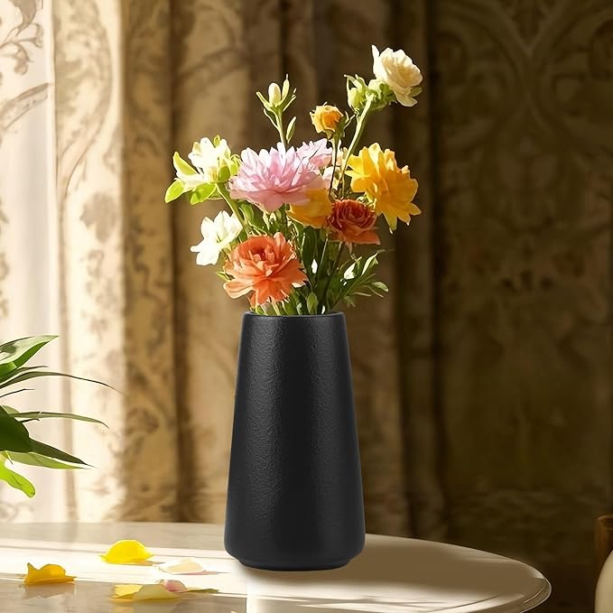 Simple Vase for Flowers Plants, Matte Vases for Modern Table Shelf Home Decor Wedding Boho Decor, 6" H Frosted Elegant Ceramic Vase for Pampas Grass Fluffy Stem Bouquet Lavender Flowers (Black, 1)