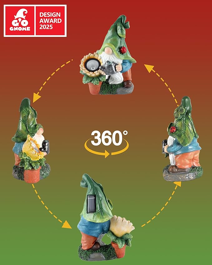 Solar-Powered Garden Gnome Watering Can Sunflower - 12 in Garden Decor Gnomes Decorations for Yard Lawn Ornaments Outside Statue Figurine LED Lights (Gnome)