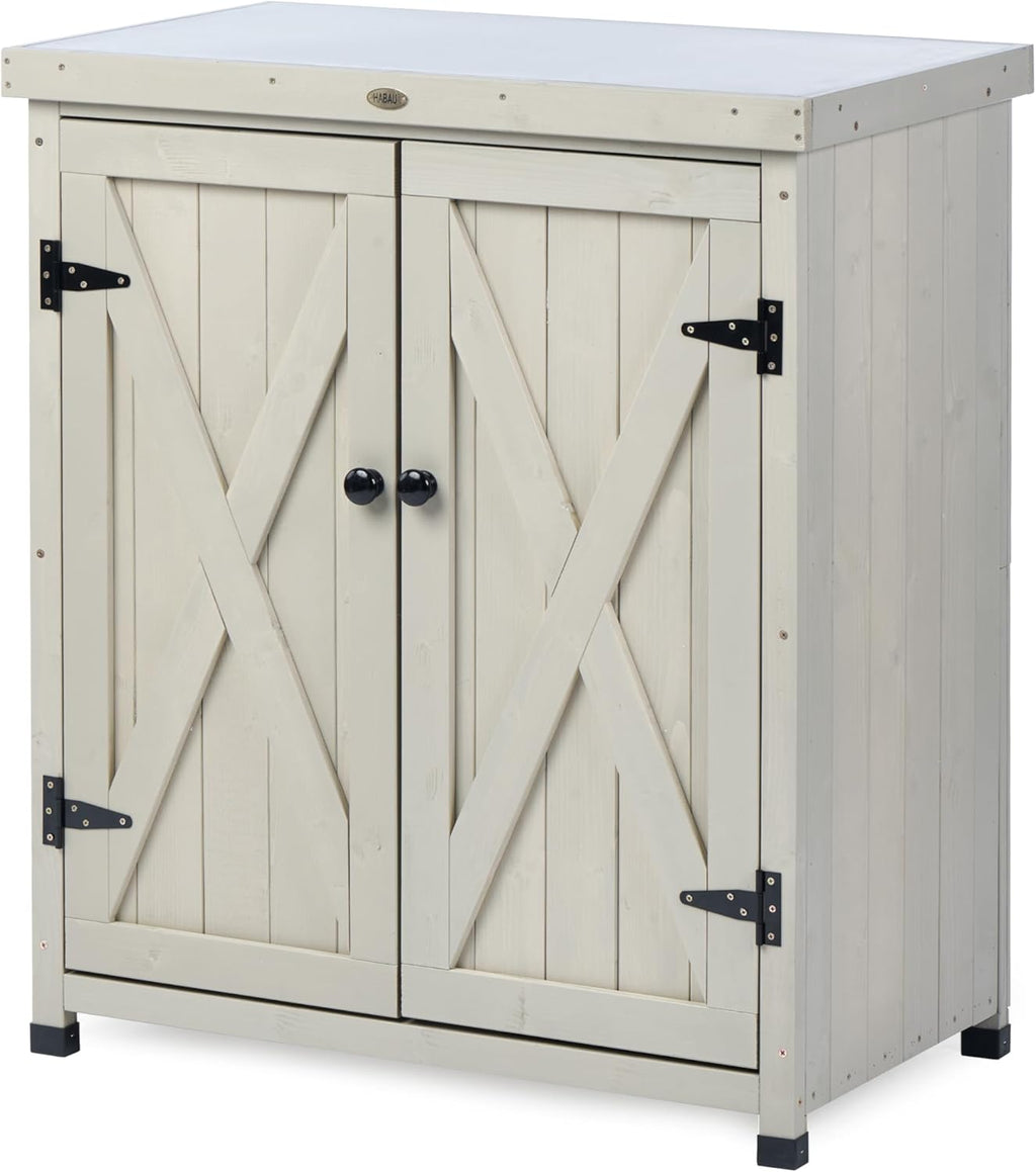 Outdoor Storage Cabinets Weatherproof for Patio, Garden Work Bench with Shelves & Metal Tabletop, Wooden Potting Table Workstation