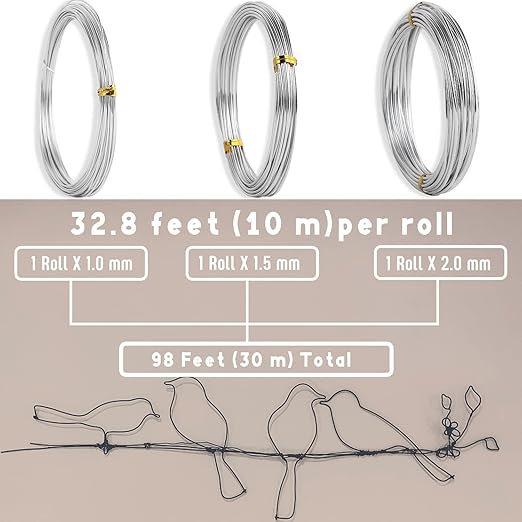 Sanlykate Bonsai Wire Tool Kit with Cutter, 3 Roll Tree Training Wires 98 Feet Total, 1.0mm, 1.5mm, 2.0mm Anodized Aluminum Wire Set, Hold Plant Branches Trunks - Silver