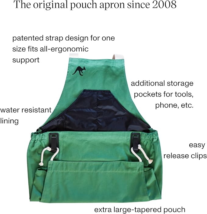Roo Gardening Apron with Pockets & Harvesting, Picking Pouch - Adjustable, Water-resistant, Washable Canvas Cotton