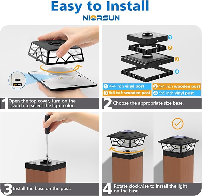 NIORSUN Solar Post Lights Outdoor 6 Pack, 2 Modes LED, Deck Fence Post Solar Lights for 3.5x3.5 4x4 5x5 5.5x5.5 Caps Patio Garden Decoration, Black