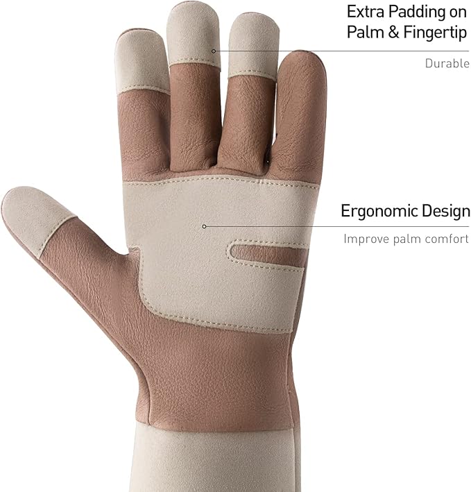 HANDLANDY Long Gardening Gloves for Men & Women, Thorn Proof Rose Pruning Gloves Leather Gauntlets Garden Glove Yard Work Glove (Large, Brown)