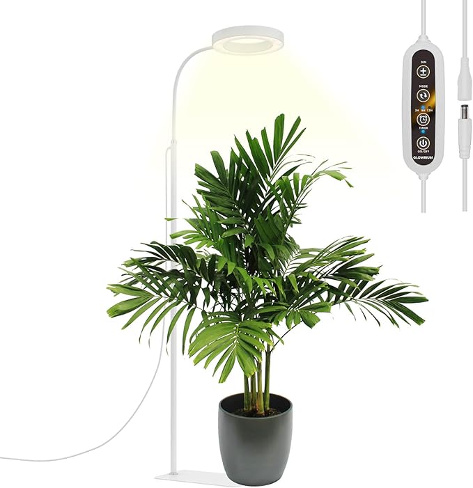 GLOWRIUM Grow Lights for Indoor Plants, 20W Full Spectrum LED Grow Light Floor Lamp with Stand Adjustable Height and Angle, Black Plant Light with 3/9/12H Timer White