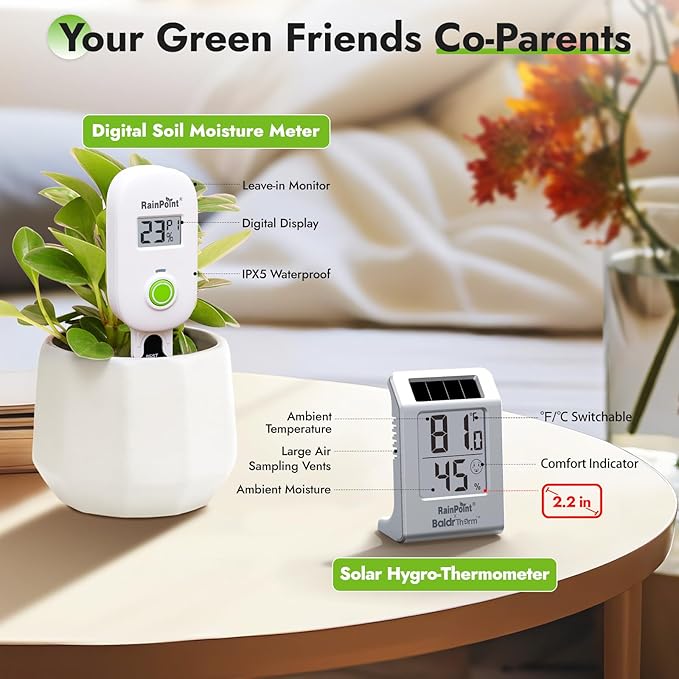 RAINPOINT Light-Driven Thermo-Hygrometer & Smart Digital Wireless Soil Moisture Meter (WiFi Hub Needed) Kit, Real-time Monitor Sensor Gardening Plant Care Essentials