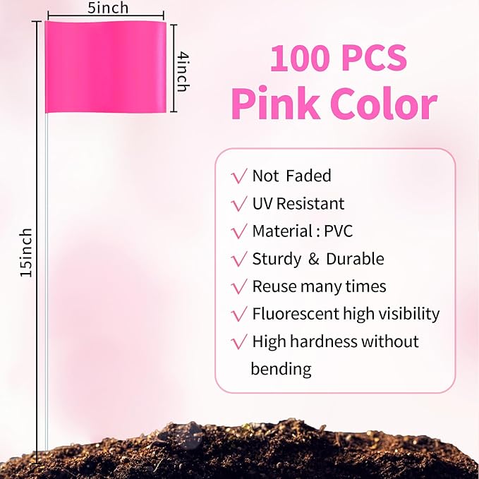 Zozen 100Pack Fluorescent Pink Marking Flags, Writable/15x4x5 Inch, Yard Flags for Lawn & Irrigation & Landscape & Sprinkler & Survey & Dog Training.