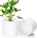 D'vine Dev 2 Pack 6 Inch Modern Plastic Plant Pots, Small Garden Planters for Plant with Drainage Holes and Saucers, White Color, 74-Z-J-1