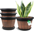Quarut Large 4 Pack 14 inch Plant Pots,Whiskey Barrel Planters with Drainage Holes & Saucer,Plastic Decoration Flower Pots Retro Design,Planters for Outdoor Indoor Garden Balcony Plants (Brown)