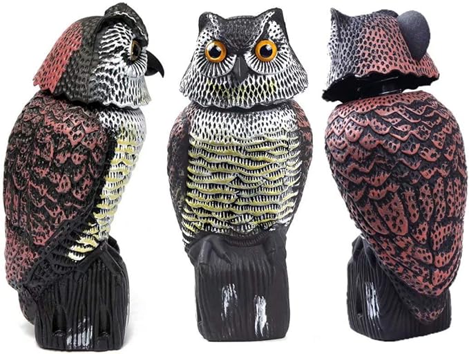 Owl Decoy 360 Rotate Head, Scarecrow Fake Owls Natural Enemy Realistic Owls to Scare Birds Away