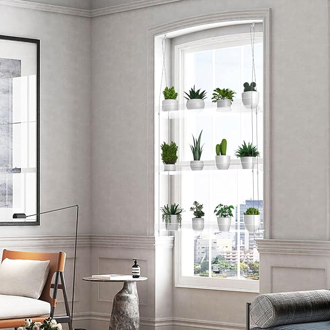 3-Tier Hanging Clear Plant Shelves for Windows, Acrylic Window Wall Plant Stand Shelf for Kitchen Indoor Gardens, Flower, Succulents, Herb, Seedling Organization, and Pots Display, 16 Inch per Tier