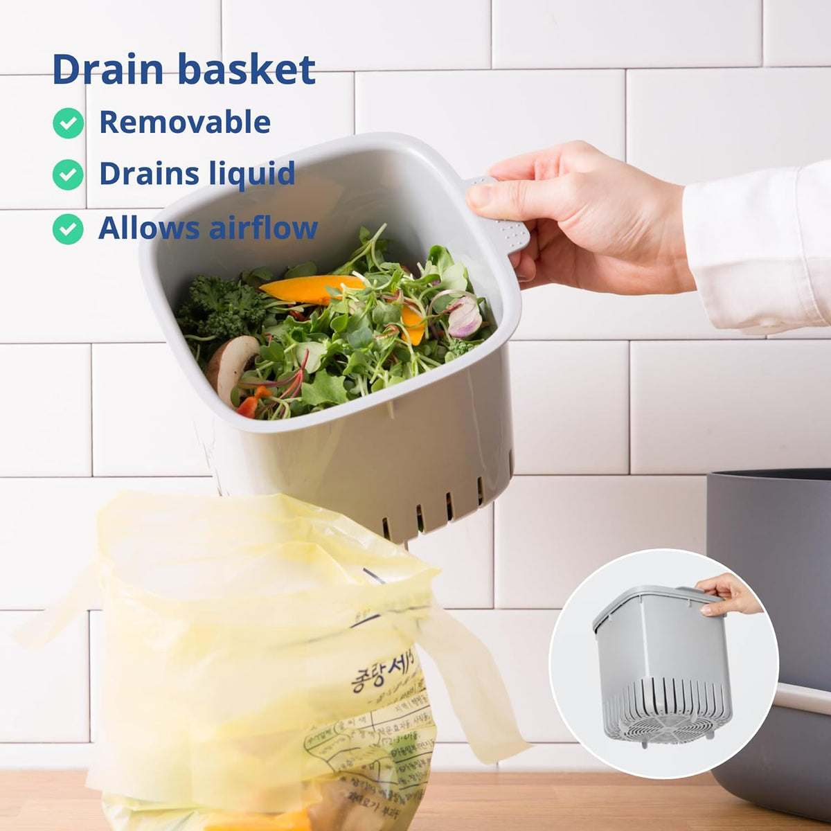 Blue Ginkgo Kitchen Compost Bin [2.6L / 0.69 GAL] – Filter-Free, Odor-Tight Countertop Food Waste Pail with Handle (Made in Korea, Green)
