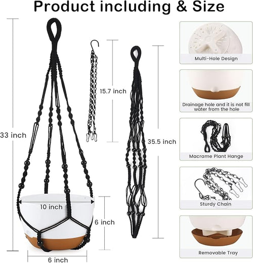 10 Inch Hanging Planter, 2 Pack Hanging Plant Self Watering Pot with Drainage Holes & Saucers, Hanging Baskets Flower Pots with Black Macrame Rope Hangers for Garden Home -White