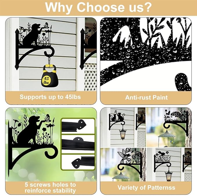 Peacoblue Iron Plant Hangers Hooks for Outdoor Indoor Hanging Plants Flower Fern Pot Lantern Bird Feeder Wind Chimes, 12"x15" Weather Resistant Metal Wall Holder for Porch Garden Farmhouse(Wildflower)