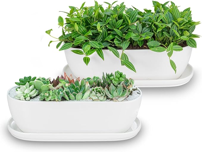 Ceramic Plant Pots, 11+14 inch, Set of 2, Planters with Drainage Holes Saucers and Mesh Pads, Indoor Flower Succulent Pot with Hole Mesh Pad, Gifts for Mom, Plants Not Included