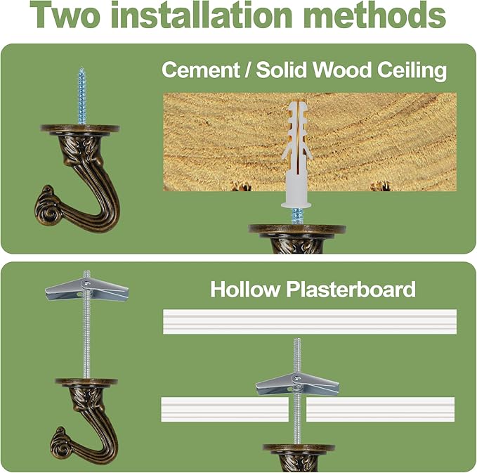 Ceiling Swag Hook Sets - Heavy Duty Hooks with Mounting Hardware for Hanging Plant, Ceiling or Extender Chains - Easy Install with Screws/Brackets