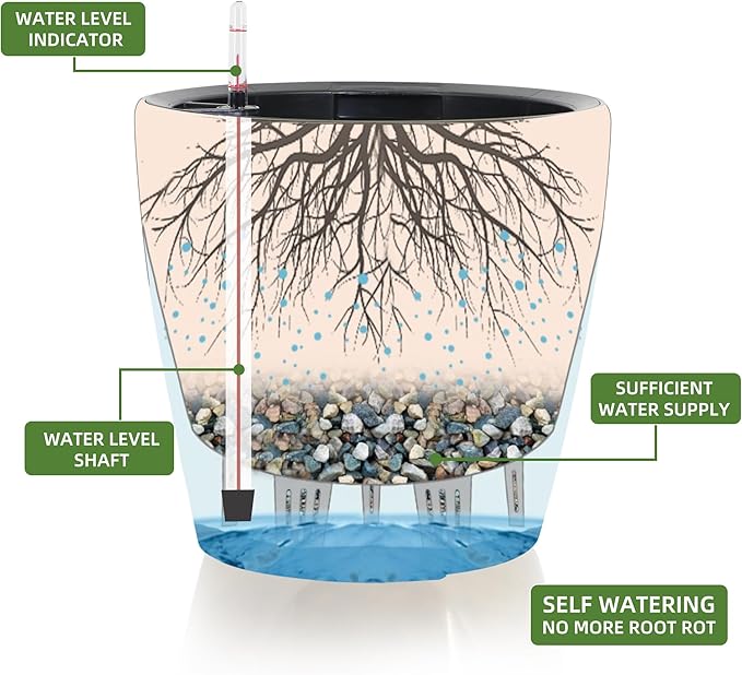 Dexceder 11x10 Inches Self Watering Planter Indoor Outdoor, Inner Pot Design, Thickened Table Flower Plant Pot with Water Level Indicator (White Gold Crackle)