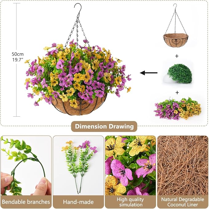 Artificial Faux Hanging Plants Flowers Basket for Spring Outdoor Decor ...