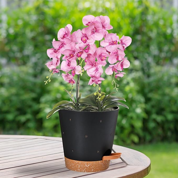 Orchid Pots with Holes, 6 Inch Self Watering Orchid Pot 2 Pack Plastic Plant Pots for Orchid, Flower (Black+Brown)