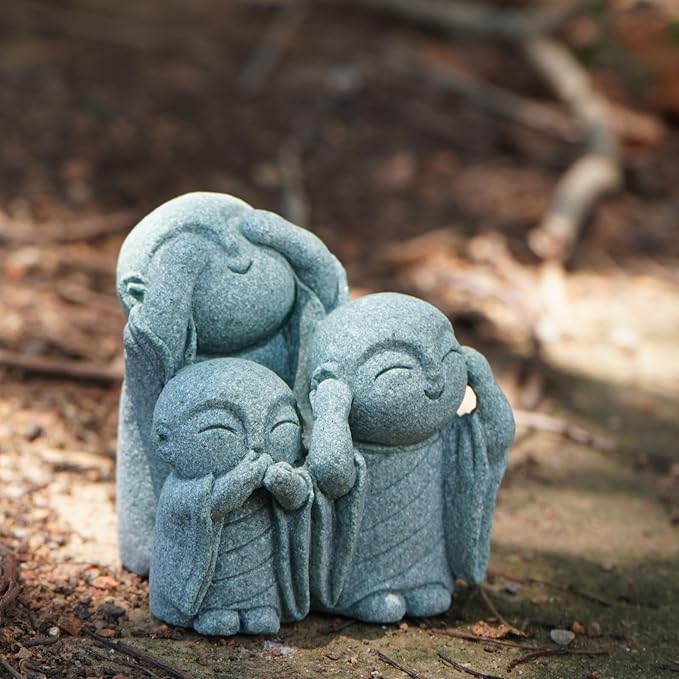 OwMell 3 Japanese Jizo Statue Stone Japanese Buddha Jizo Monk Statue Figurine Memorial Statue Aquarium Decoration Garden Outdoor Ornament 3"" - No Evil, Gray