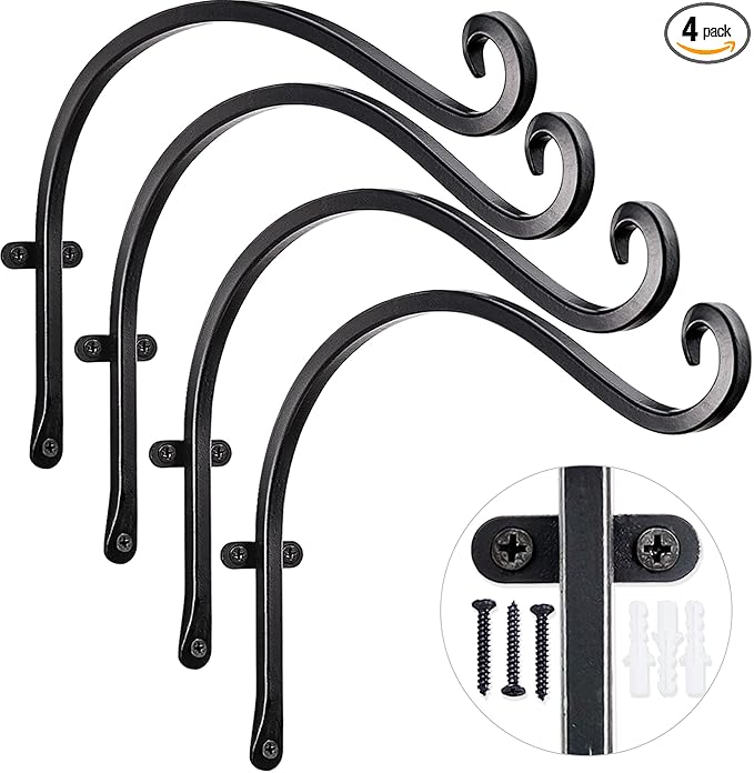 AJART Hanging Plant Hanger Outdoor: 12-Inch Metal Bird Feeder Wall Hooks - 4 Pieces Rust-Resistant Plant Bracket Hook for Hanging Flower Baskets