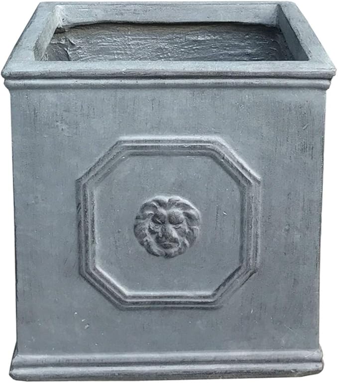 Kante Square Lion Head Concrete Planter, Classic English Style Plant Pot with Drainage Hole and Rubber Plug for Indoor Outdoor Garden Patio Home, 12.6"x12.6"x12.6" Gravel Gray