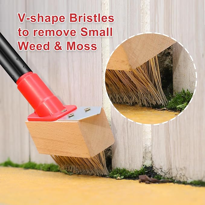 Moss Remove Brush with Long Handle(53IN), Deck Crevice Cleaning Tool, Weed Remover with Wire Brush & Metal Blade, Crack Moss Remover for Pavement Driveway Patio Sidewalk Paver(3 Brush Heads)