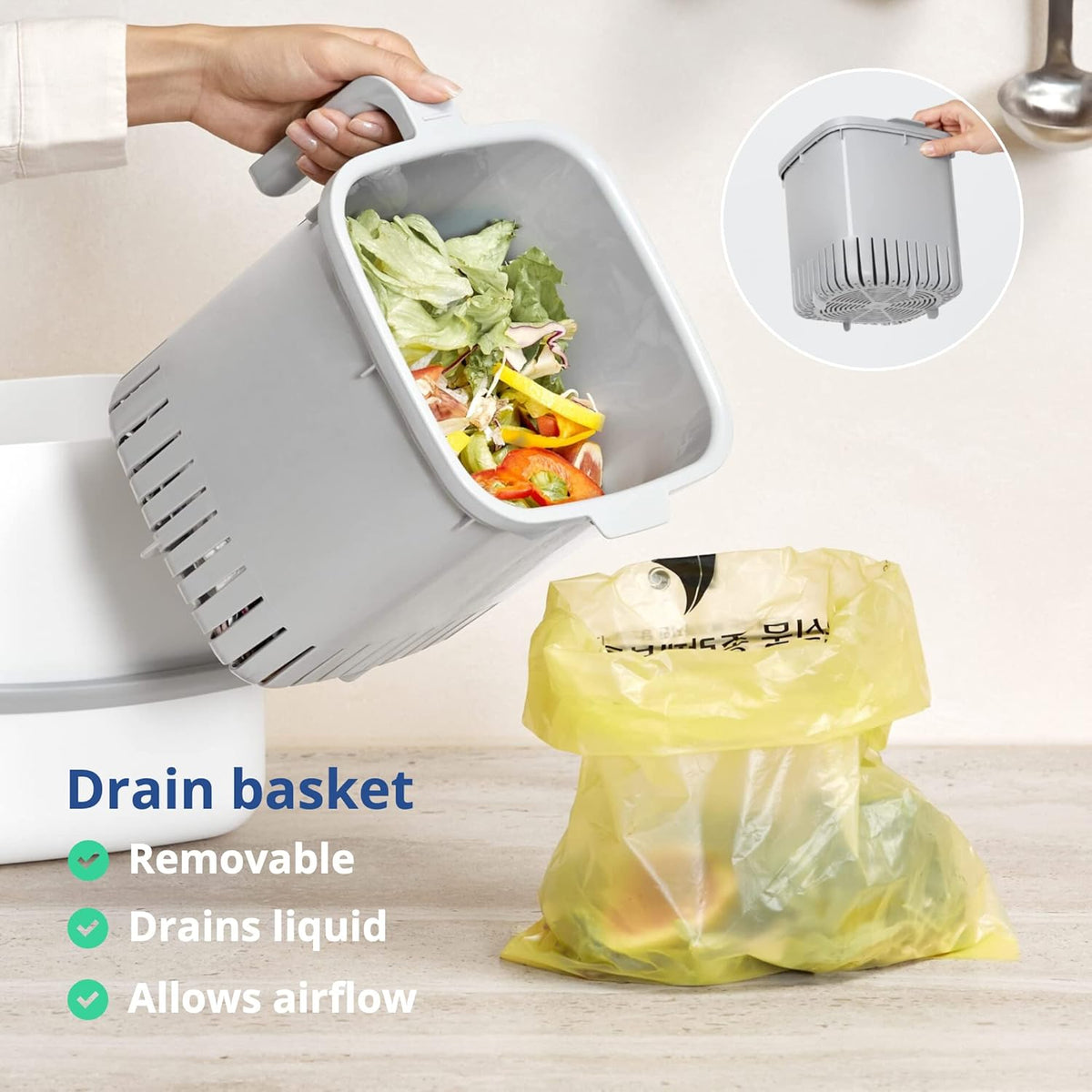 Blue Ginkgo Kitchen Compost Bin [5L / 1.32 GAL] – Filter-Free, Odor-Tight Countertop Food Waste Pail with Handles (Made in Korea, Gray)