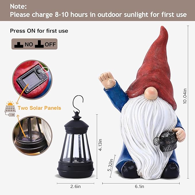 Solar Garden Gnome Christmas Gnome Outdoor Statues Garden Decor Resin Birthday Gifts for Women Mom Art for Yard Porch Patio Lawn Yard with Watering Can Lights Lantern