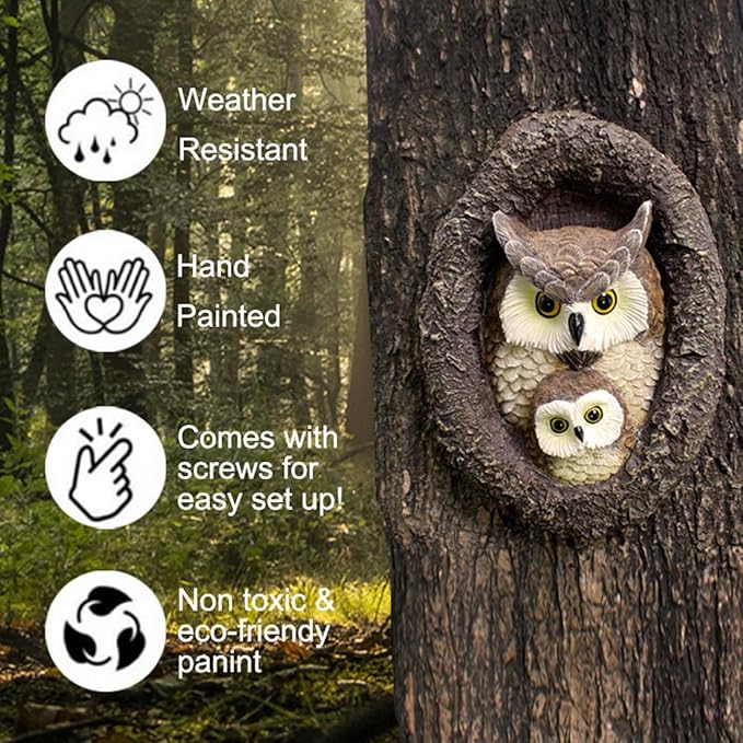 Owl Tree Hugger Whimsical Tree Sculpture Garden Statues Outdoor Tree Face Decor Garden Peeker Yard Art Decorations (Mom and Baby Owl)