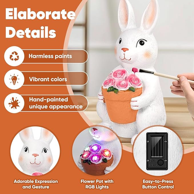 Brightever Solar Powered Outdoor Garden Statues- Rabbit with Flowers and 5 Colorful LED Lights, 11.8IN Outdoor Figurine Lights, Solar Garden Bunny Decor for Patio, Gifts for Women, Housewarming