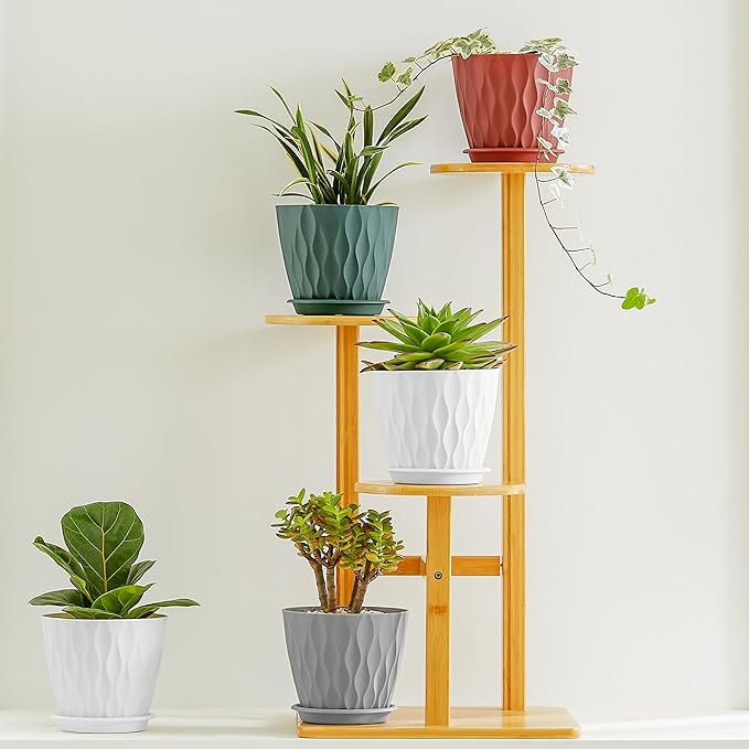 FaithLand 6-Pack 6-Inch Plastic Plant Pots with Saucers | Thickened PP Material, Modern Wave Texture, Enhanced Drainage for Indoor/Outdoor Garden Plants | White Value Set