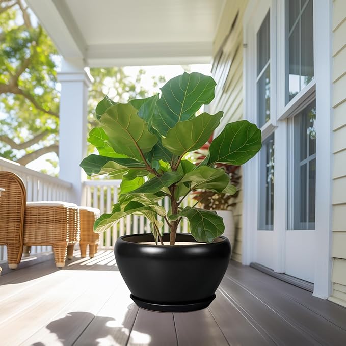 Ceramic Pot for Plants Large - 13 Inch Plant Pot Indoor with Drainage Hole and Saucer Round Planter Decorative Planter Outdoor Flower Pot for House Decor Balcony Black
