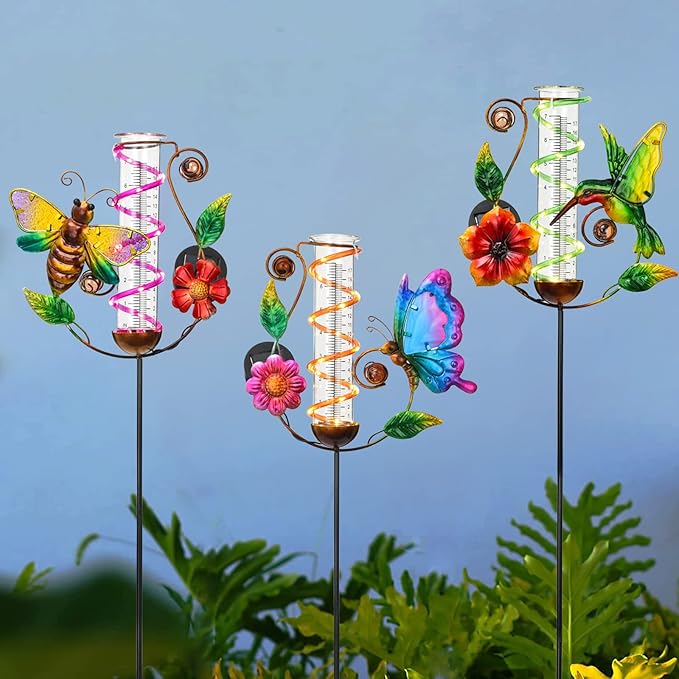 LEWIS&WAYNE 36.3” Butterfly Rain Gauge Outdoor, 7” Glass Tube Solar Powered 10 Warm White LEDs Garden Metal Stakes Decorative Waterproof for Yard Garden Patio Lawn