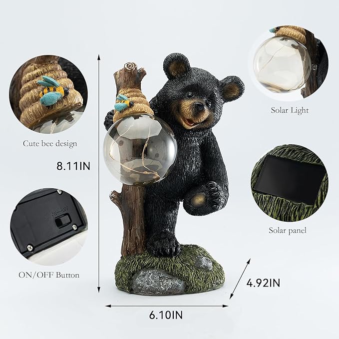 Garden Statues Bear Decor Light,Solar Bear Statue Ourdoor Statue,Animal Garden Decor,Funny Figurine Decor,Outdoor Decor for Patio,Porch,Balcony,Yard,Lawn