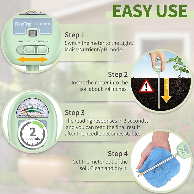 Soil Moisture Meter, 4-in-1 Moisture Meter for Plants, Tester for Moist, Light,Nutrients, pH, Soil Test Kit, Great for Garden, Lawn, Farm, Indoor & Outdoor Use, No Battery Required