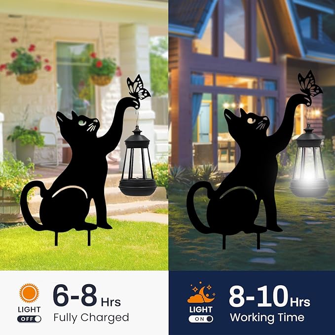 Solar Lights Outdoor Garden Decor - Black Cat Figurine Light Stake with Butterfly Decorative Metal Housewarming Ornament for Yard Pathway Lawn Patio – Unique Gift Ideas for Christmas