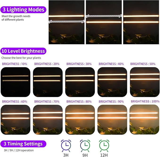 LED Grow Light Strips, Full Spectrum Plant Growing Lights for Indoor Plants 3000K, 144 LEDs Plant Lamp with 3/9/12H Timer, 10 Dimmable Levels, 3 Head 13 Inches (2 Strip 3 Pack 3000K)