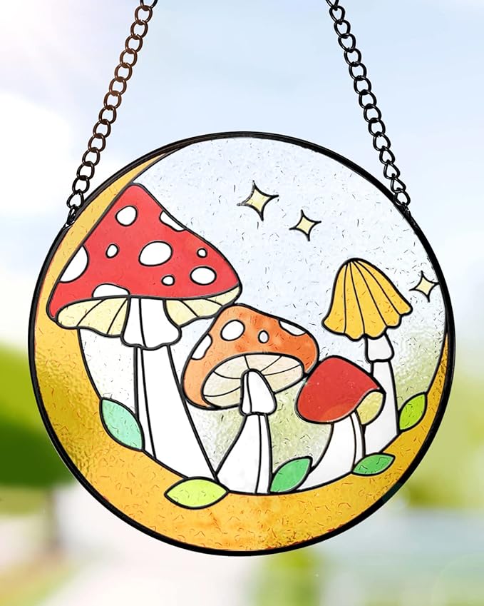 Tuitessine Mushroom Stained Glass Suncatcher Moon Toadstools Window Wall Hanging Ornament Hand-Painted Glass Panel Decor for Home Gift for Nature Plant Mushroom Lovers 6.3"*6.3"