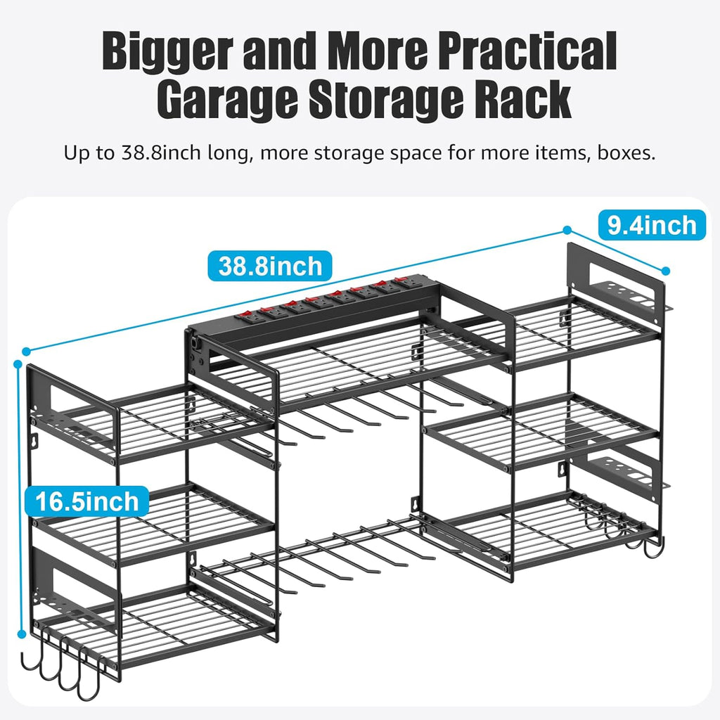 CCCEI Black Power Tool Organizer Wall Mount, Large Tools and Battery Storage Rack Charging Station Individual Switches. Drills Holder, Garage Utility Shelves with 10FT Power Strip. Gift for Men.