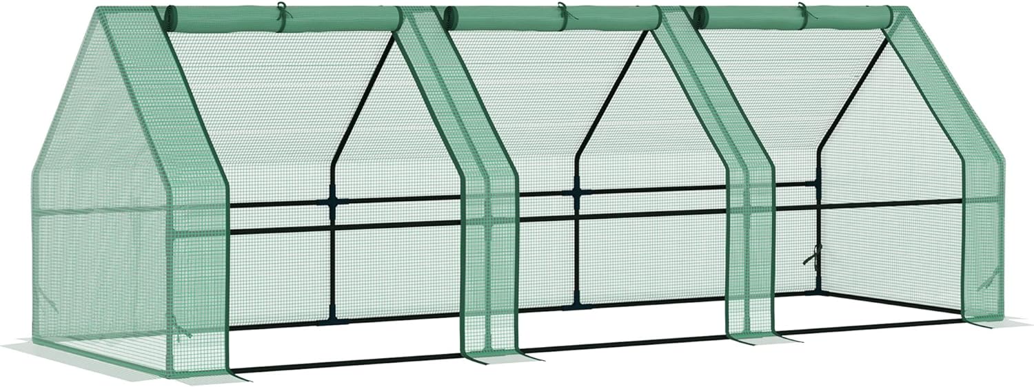 Outsunny 9' x 3' x 3' Mini Greenhouse with Zippered Doors & Roll-up Windows, Portable Plant Hot House with Durable PE Cover, Water Resistant, UV Protected for Outdoor Flowers, Vegetables, Green