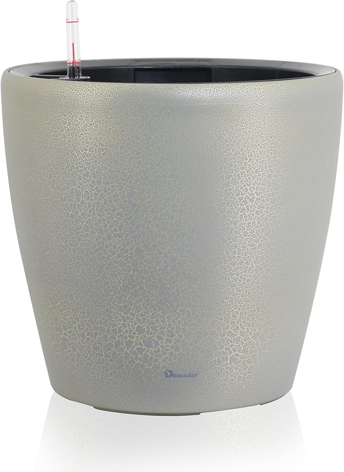 Dexceder 18x17 Self Watering Planter with Wheels Indoor Outdoor, Inner Pot Design, Thickened Large Floor Standing Flower Plant Pot with Water Level Indicator (Grey Gold Crackle)