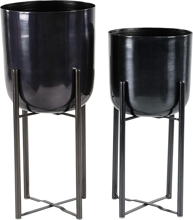 CosmoLiving by Cosmopolitan Metal Indoor Outdoor Planter Dome Large Planter Pot with Removable Stand, Set of 2 Planters 19", 22"H, Black