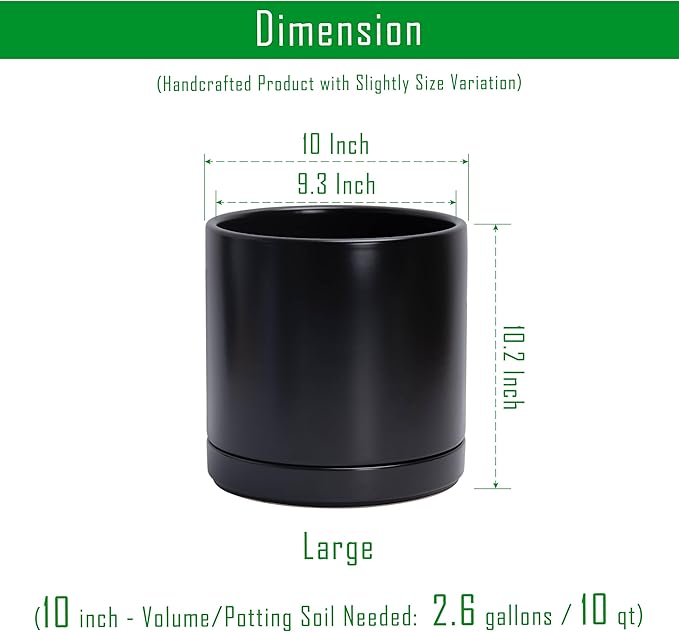D'vine Dev Set of 2 Plants Pots, 10 Inch Ceramic Planter Pot for Plants with Drainage Hole and Saucer, Black, 94-V-E-2