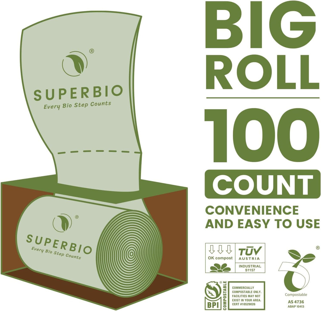 SUPERBIO 13 Gallon Compostable Kitchen Waste Bags, 50 Count, 1 Pack, Flat top Food Scrap bags, Certified by BPI and OK compost INDUSTRIAL, 49.2L, 0.87 Mil