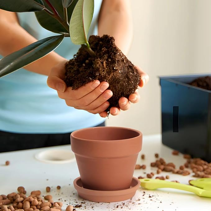 6 PCS Clay pots and Plates, 5-inch red Clay pots with Drainage, Perfect for Indoor, windowsill, and Garden Plants