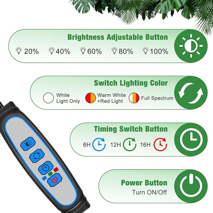 Wolezek Grow Lights for Indoor Plants Full Spectrum, 6000K 3 Head Plant Lights Indoor, LED White Plant Grow Lamp with Clip, Auto ON & Off Timer 6/12/16H, 3 Light Modes, 5 Level Dimmable Brightness